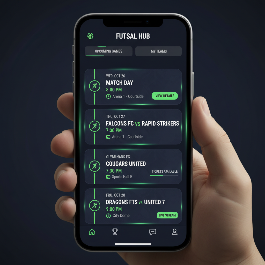 GoFive app home screen showing upcoming futsal games